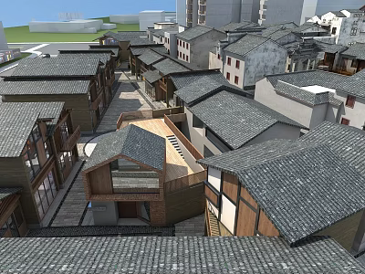 Traditional And Modern Commercial Street With Tile Roofs Shopfronts And Neat Building Arrangement 3d model