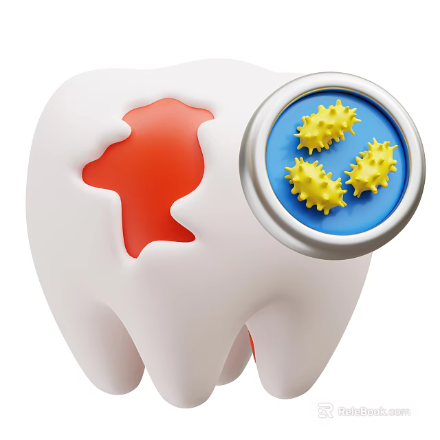 Tooth with Cavity Revealing Bacteria Under Magnifying Glass in Dental View 3d model 