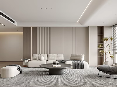 Modern Living and Dining Room Interior With Beige Sofa Round Coffee Table And Striped Wall 3d model