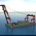 Large Industrial Floating Crane With Orange And White Gantry Structure On Barge Floating On Water