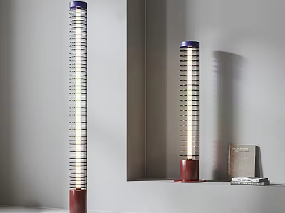 Modern Tall Cylindrical Floor Lamp With Striped Shade Red Base And Blue Top 3d model