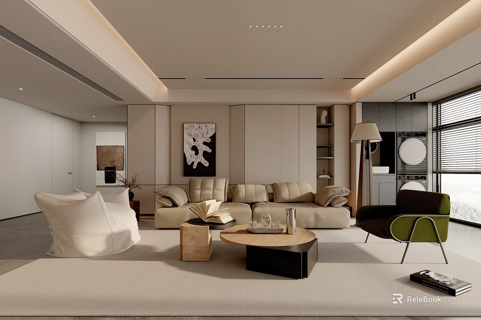 Modern Minimalist Living Room Interior With Beige Sofa Coffee Table Green Chair And Decorative Lighting 3d model 