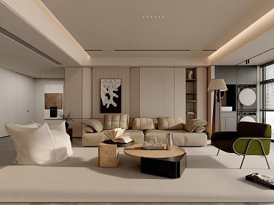 Modern Minimalist Living Room Interior With Beige Sofa Coffee Table Green Chair And Decorative Lighting 3d model