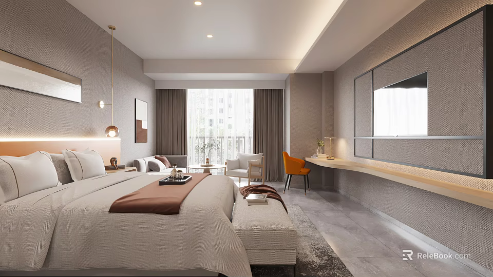 Modern Hotel Room With Cozy Bed Stylish Chair And Large Window 3d model 