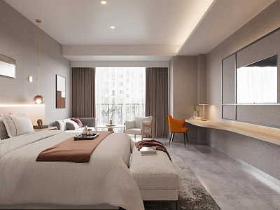 Modern Hotel Room With Cozy Bed Stylish Chair And Large Window 3d model