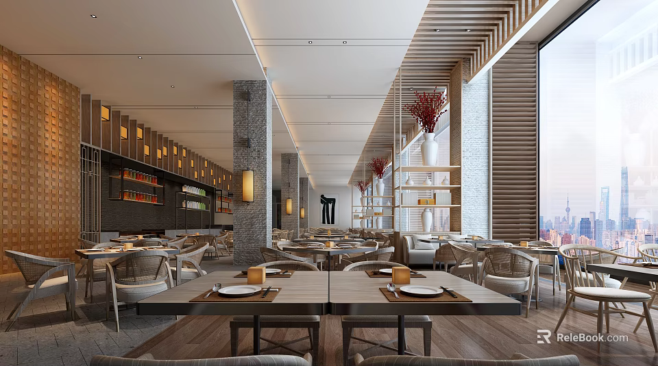 Modern Restaurant Interior With Wooden Accents Large Windows Hanging Red Flowers And Stone Columns 3d model 