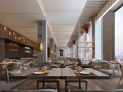 Modern Restaurant Interior With Wooden Accents Large Windows Hanging Red Flowers And Stone Columns 3d model