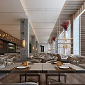 Modern Restaurant Interior With Wooden Accents Large Windows Hanging Red Flowers And Stone Columns