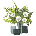 Modern Metallic Vase with White Blooms Green Fern Leaves and Decorative Candle Holders