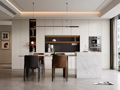 Modern Restaurant Interior Design With Dining Table Marble Counter And Pendant Lights Chairs 3d model