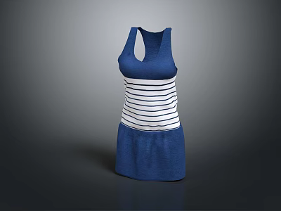 Sleeveless Blue Casual Dress With White Horizontal Stripes And Solid Skirt 3d model