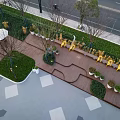 Modern Park Landscape With Yellow Benches People Dog Trees Green Plants And Wooden Walkway