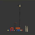 Black Street Lamp Pole With Wooden Posts Blue Orange Boxes Red Stool Trolley And Balls
