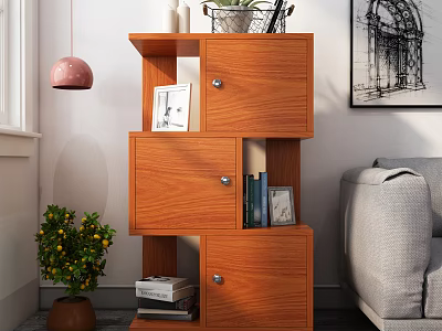 Stylish Wooden Entryway Side Cabinet With Storage Drawers Open Shelves And Decorative Items 3d model