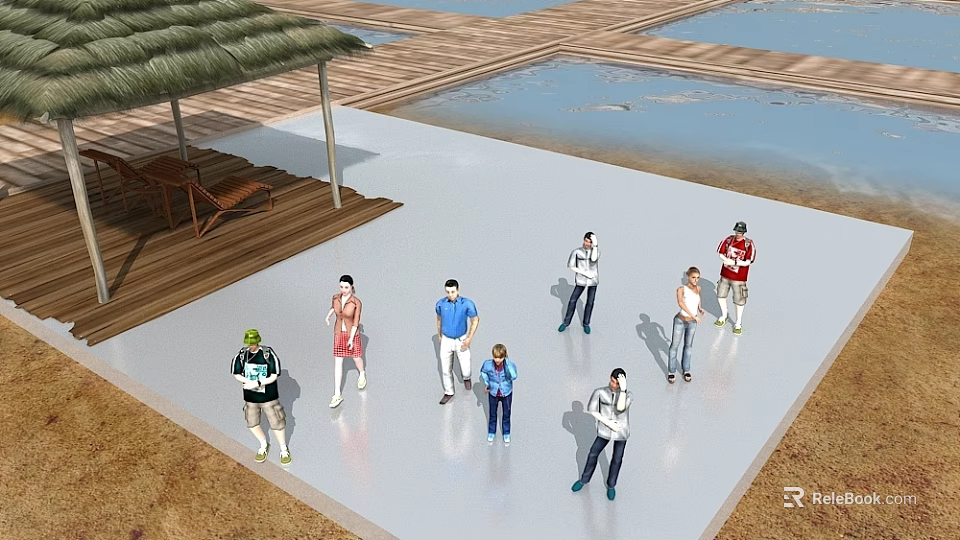Game and Movie Characters In Outdoor Scene With Thatched Canopy Wooden Deck Water Pool 3d model 
