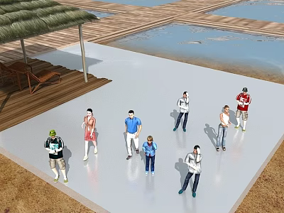 Game and Movie Characters In Outdoor Scene With Thatched Canopy Wooden Deck Water Pool 3d model