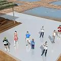Game and Movie Characters In Outdoor Scene With Thatched Canopy Wooden Deck Water Pool