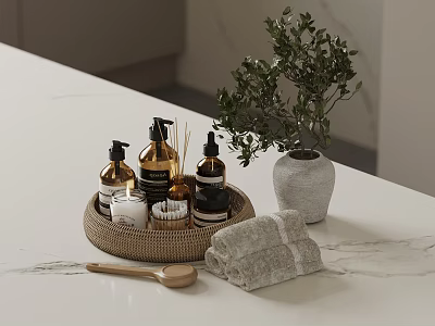 Stylish Bathroom Countertop With Wicker Tray Bath Products And Potted Plant Folded Towels Wooden Spoon 3d model