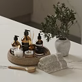 Stylish Bathroom Countertop With Wicker Tray Bath Products And Potted Plant Folded Towels Wooden Spoon