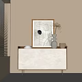 White Sideboard With Geometric Design Decorative Painting Vase Dried Flowers On Beige Wall Window Blinds