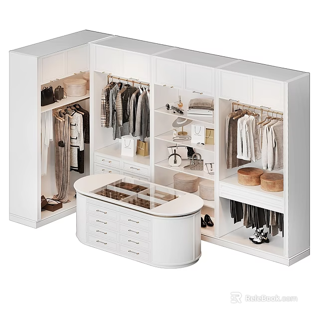 White Walk In Closet Storage Design With Hanging Rods Drawers And Storage Boxes 3d model 