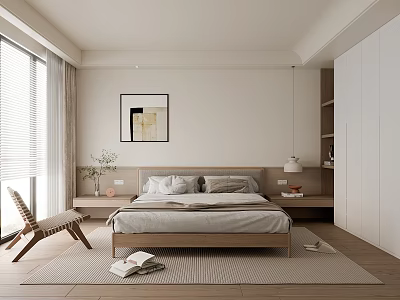 Modern Bedroom Interior Design With Bed Wall Art Accent Chair And Window Blinds 3d model