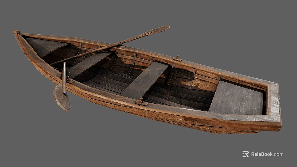 Handcrafted Vintage Wooden Boat with Rowing Oars and Interior Seats 3d model 