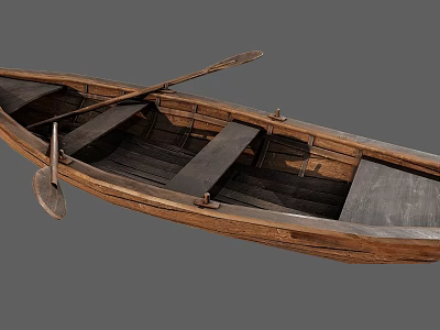 Handcrafted Vintage Wooden Boat with Rowing Oars and Interior Seats 3d model