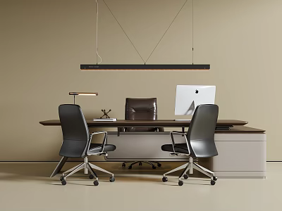 Modern Wooden Office Desk With Black Chairs Brown Chair Lamp Apple Monitor And Pendant Light 3d model