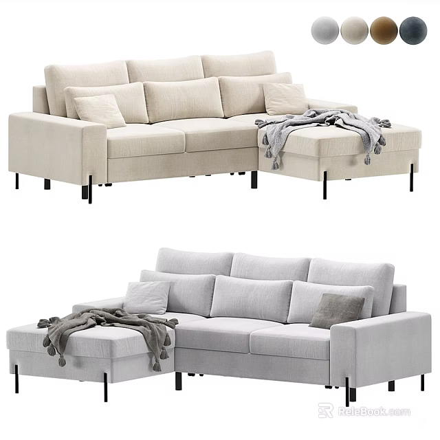 Modern Sectional Sofa with Plush Cushions Soft Throw Blanket in Neutral Tones 3d model