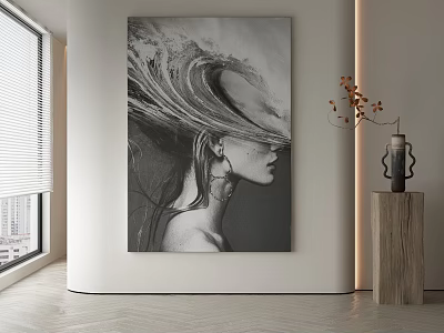 Black and White Abstract Painting With Wave Like Form Covering Woman Face in Modern Interior 3d model