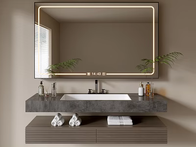Modern Bathroom Vanity with LED Mirror Sink Countertop and Towels Toiletries 3d model