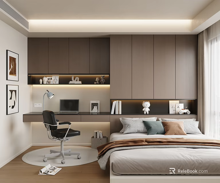 Modern Tatami Bedroom Interior Design With Bed Desk Chair And Cabinets 3d model 