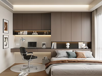 Modern Tatami Bedroom Interior Design With Bed Desk Chair And Cabinets 3d model