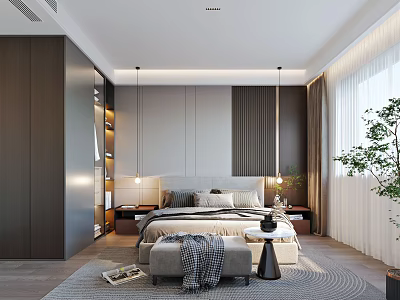 Modern Bedroom Interior With Comfortable Bed Nightstands Pendant Lights And Soft Rug 3d model
