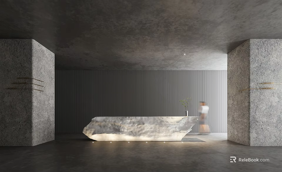 Modern Reception Desk Interior With Vertical Striped Wall Marble Countertop Concrete Pillars And Soft Lighting 3d model 