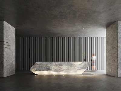 Modern Reception Desk Interior With Vertical Striped Wall Marble Countertop Concrete Pillars And Soft Lighting 3d model