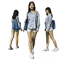 Woman Wearing Striped Shirt Shorts and White Shoes with Blue Bag from Different Angles