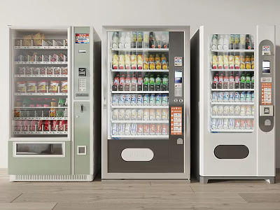Three Different Colored Refrigerated Vending Machines With Beverages And Snacks Interior 3d model