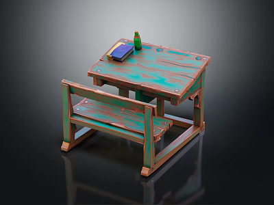 Wooden Table And Bench Set Featuring Green Wood Grain With Blue Box And Green Bottle 3d model