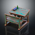 Wooden Table And Bench Set Featuring Green Wood Grain With Blue Box And Green Bottle