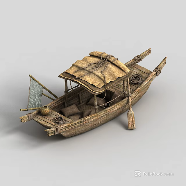 Traditional Wooden Boat With Thatched Roof Seats Fishing Net And Oar 3d model 