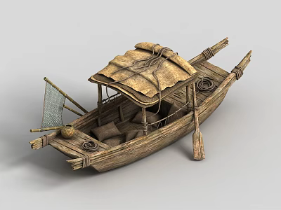 Traditional Wooden Boat With Thatched Roof Seats Fishing Net And Oar 3d model