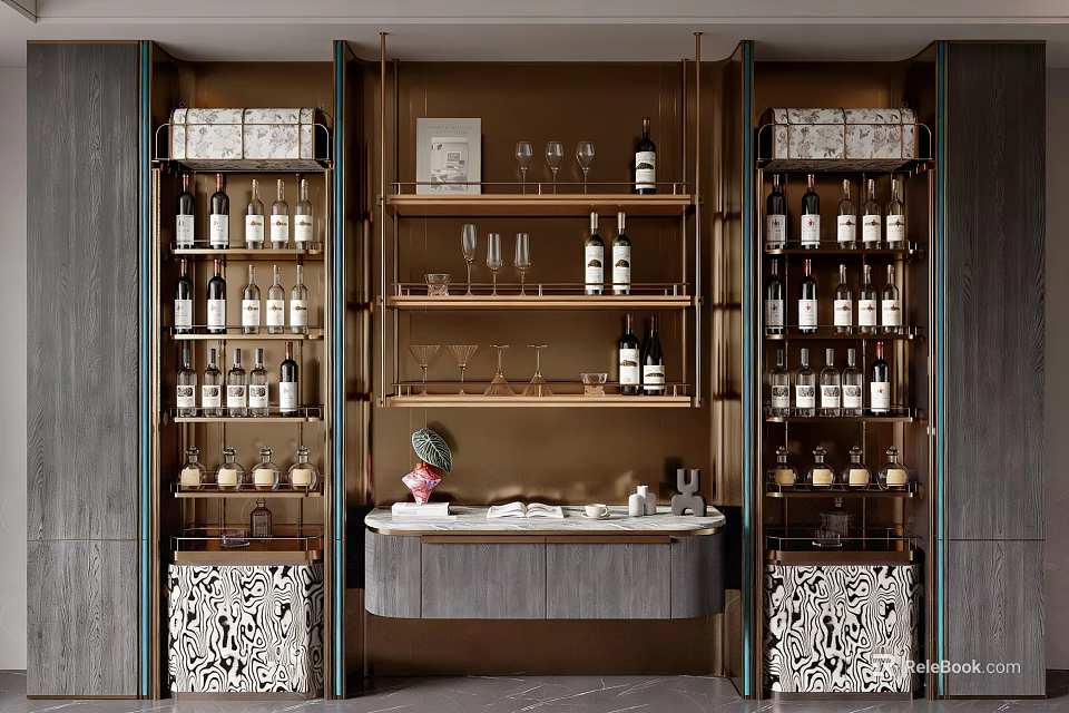 Modern Wine Cabinet With Wooden Panels Gold Frame And Wine Bottles Storage Shelves 3d model 