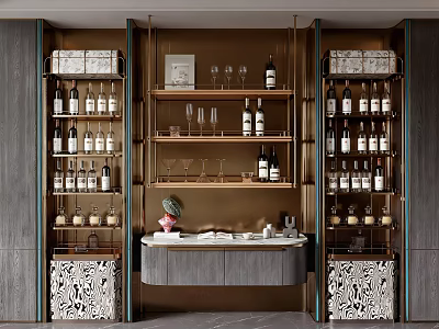 Modern Wine Cabinet With Wooden Panels Gold Frame And Wine Bottles Storage Shelves 3d model