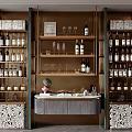 Modern Wine Cabinet With Wooden Panels Gold Frame And Wine Bottles Storage Shelves