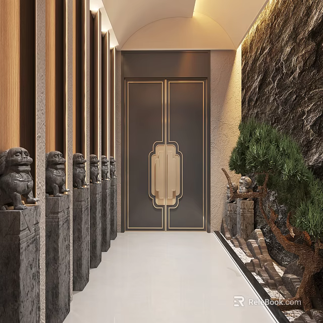 Elevator Corridor With Stone Lions Bonsai Rockery And Modern Style 3d model