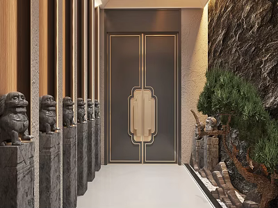 Elevator Corridor With Stone Lions Bonsai Rockery And Modern Style 3d model