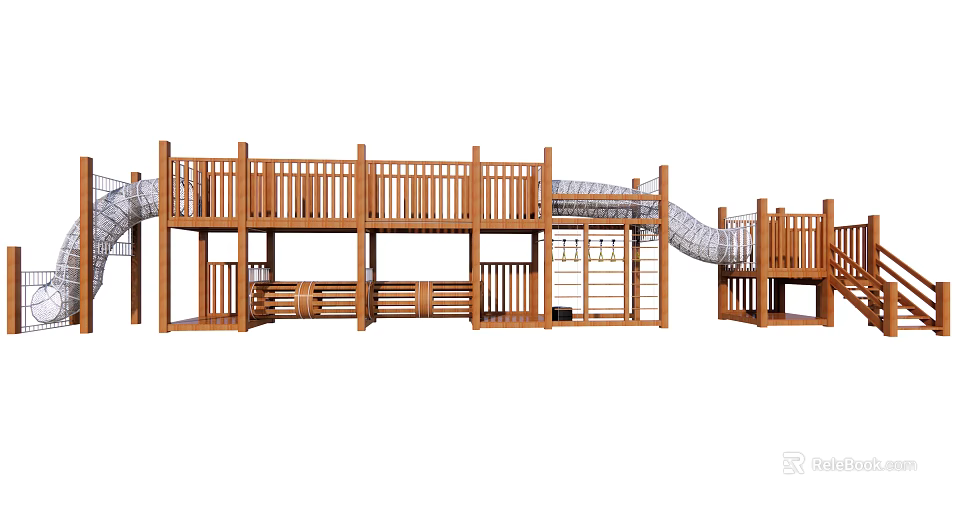 Wooden Playground Equipment With Multi Level Platform Slide And Climbing Frame 3d model 