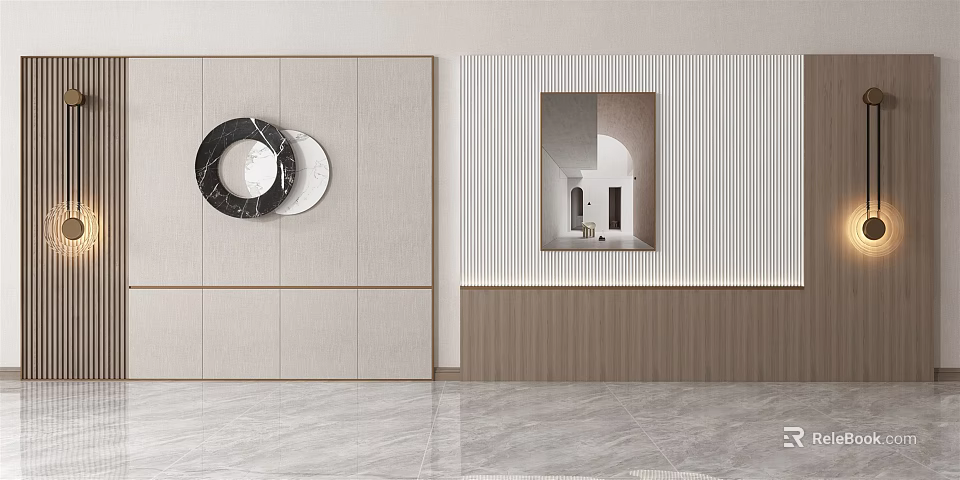 Modern Background Wall Design With Circular Decor Striped Pattern And Wooden Base 3d model